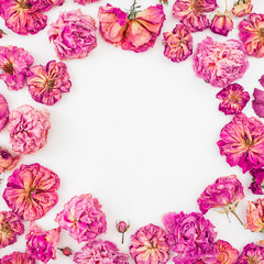 Floral round frame made of pink roses isolated on white background, Flat lay, Top view