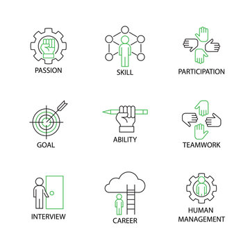 Modern Thin Line Icon or Pictogram with word Passion,Skill,Participation,Goal,Ability,Teamwork,Interview,Career,Human Management. Business and Management Concept.Editable Stroke.