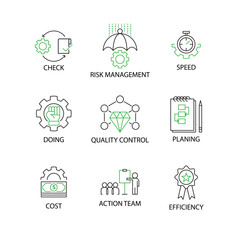 Modern Flat thin line Icon Set in Concept of Quality Control Process (PDCA) with word Check,Risk Management,Speed,Doing,Quality Control,Planing,Cost,Action Team,Efficiency.Editable Stroke.