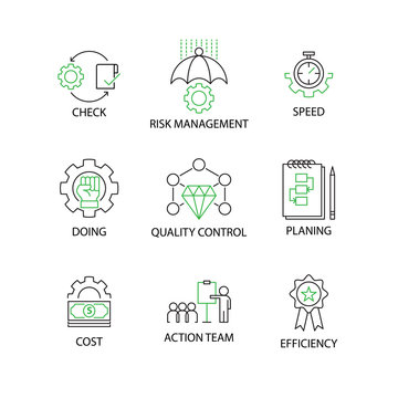Modern Flat thin line Icon Set in Concept of Quality Control Process (PDCA) with word Check,Risk Management,Speed,Doing,Quality Control,Planing,Cost,Action Team,Efficiency.Editable Stroke.