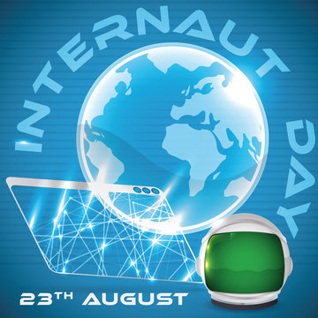 Browser Projecting a Globe and Astronaut Helmet for Internaut Day, Vector Illustration