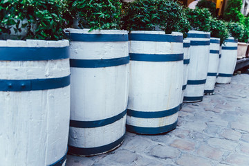 Wooden oak barrel outside