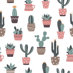 Seamless vector hand drawn cactus and succulents pattern. Cute isolated cactus in flower pots.