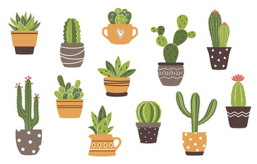 Vector hand drawn isolated cactus and succulents set. Cute green cactus in flower pots. - obrazy, fototapety, plakaty