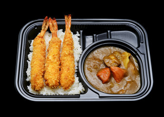 Express Japanese tempura curry rice box for delivery service. Japanese tradition cuisine with black isolated