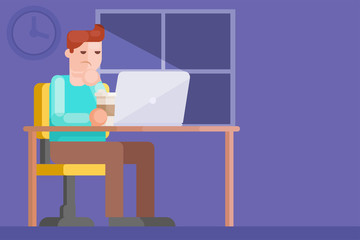 A freelancer man works for a computer at night. 