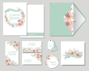 Set of Colorful flowers Greeting Wedding Invitation card.Minimalist Concept.Can be used Birthday Card,Business Card,Thank you card,ETC.Vector/Illustration