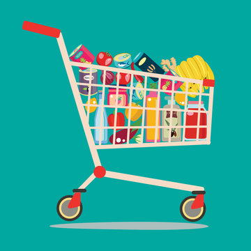 Shopping Cart Full Of Groceries Products.