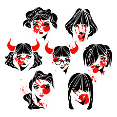 Vector girl logo with blood for halloween. set