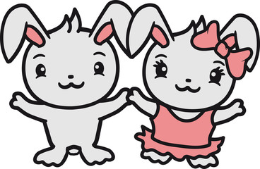 paar liebe verliebt pärchen team 2 mädchen girl frau weiblich schleife rock kleid schön hübsch stehend freundlich kaninchen hase klein süß niedlich glücklich