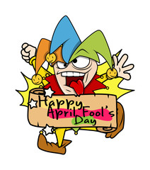 Funny Kid Jester with April Fool Day Banner