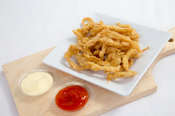 Crispy crisp deep fried fries breaded with corn flake crumbs flour
