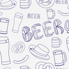 Hand drawn beer seamless pattern. Decorative seamless pattern beer in lineart ink style.
