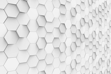 3d rendering. white geometric hexagons arrang on the wall