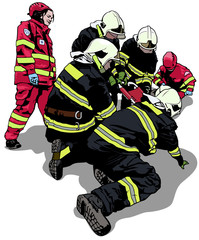 Fototapeta premium Firefighters and Rescuer in Action - Colored Illustration, Vector