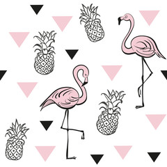 Pineapples and pink flamingos. Seamless pattern. Tropical vector print. Pop art style.
