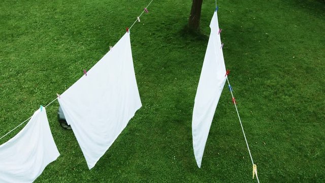Robot lawn mower mows the lawn in a garden. Laundry on clothes line