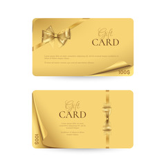Vector set of elegant gold gift cards with curved corners, golden bows and ribbons. Luxury template for gift vouchers, coupons and certificates. Isolated from the background.