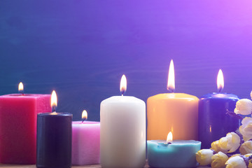 Colorful candles. Aromatherapy. Interior