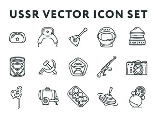 USSR and Russia Soviet Union Vintage Minimal Color Vector Line Icon Collection Set. Space Helmet, Condensed Milk Can, Machine Gun, Camera, Spinning Top, Hammer and Sickle.