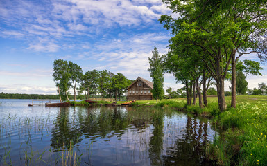 Kizhi Pogost - UNESCO World Heritage. Church of the Transfiguration. Summer sunset landscape. Island of Kizhi, Karelia, Russia