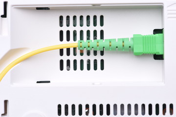 Internet Of Things, Information Technology Fiber Optic Cable and Network Device Closeup