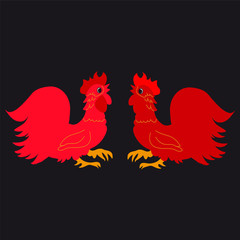 Two red cock on a black background.The symbol of the new year 2017.