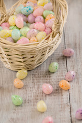 Fototapeta na wymiar Close Up of pastel colored Easter egg cancy in wicker basket