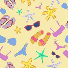 Summer seamless with swimming accessories on yellow background. Beach pattern