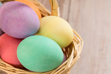 Close up of Colorful Easter Eggs in a Wicker Basket