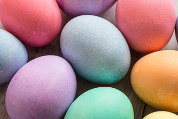 close up of Colorful Easter Egge on Wood Background