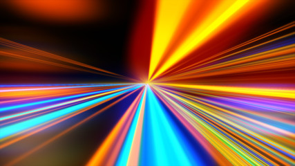 Light motion. Speed motion on the neon glowing road at dark. Speed motion on the road. Colored light streaks acceleration. Abstract illustration. Blue and Orange Yellow motion streaks. Space Gates.