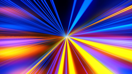 Fototapeta premium Light motion. Speed motion on the neon glowing road at dark. Speed motion on the road. Colored light streaks acceleration. Abstract illustration. Blue and Orange Yellow motion streaks. Space Gates.
