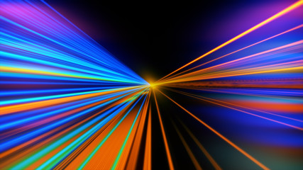 Light motion. Speed motion on the neon glowing road at dark. Speed motion on the road. Colored light streaks acceleration. Abstract illustration. Blue and Orange Yellow motion streaks. Space Gates.