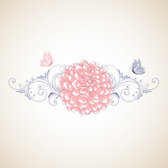 Hand-drawing floral background with flower dahlia with butterflies. Element for design. Vector illustration.