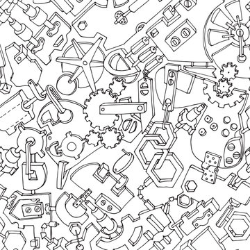 Seamless pattern made of various gears and technical details. Creative steampunk mechanical background. Vector illustration. Black contours on white background.