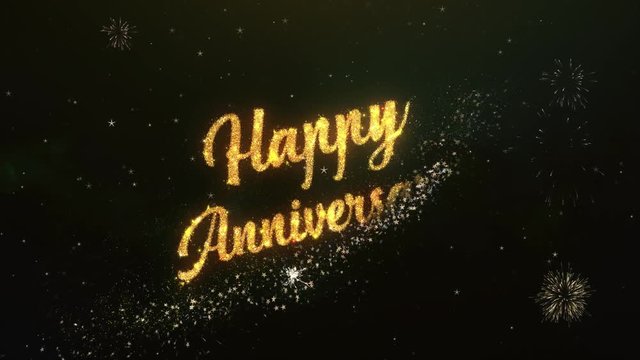Happy Anniversary Greeting Text Made from Sparklers Light Dark Night Sky With Colorfull Firework.
