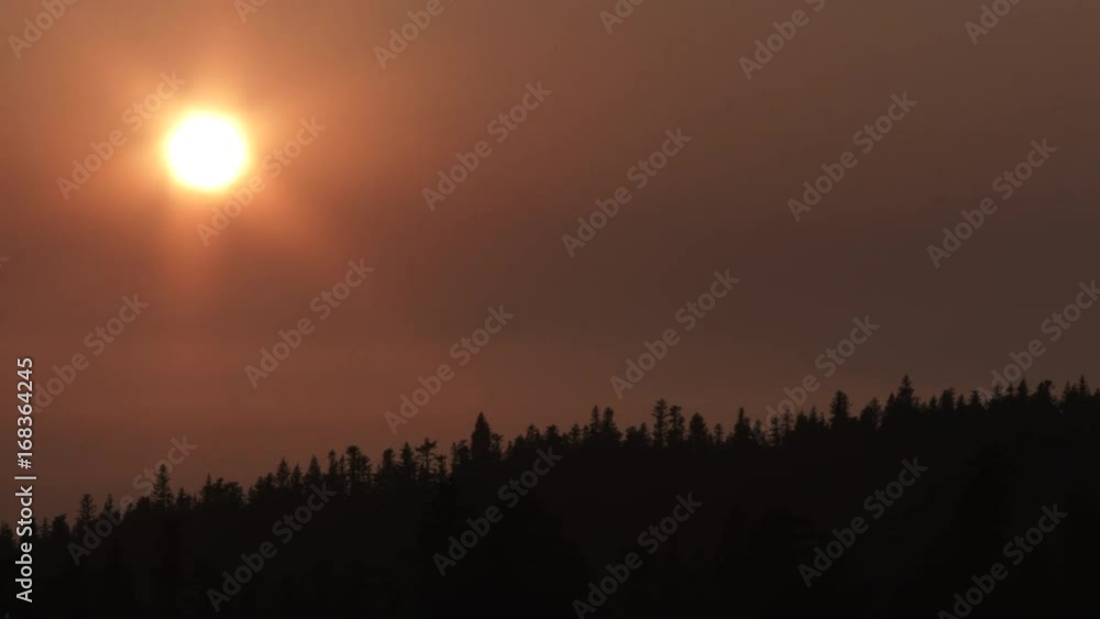 Poster day to night time lapse of sunset dropping behind forest trees on hazy and smoky sky.