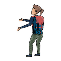 Colorful female backpacker  doodle over white background vector illustration