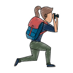 Colorful female backpacker with camera doodle over white background vector illustration