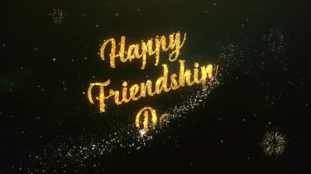 Happy friendship Day Greeting Text Made from Sparklers Light Dark Night Sky With Colorfull Firework
