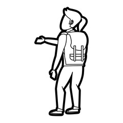 Flat line uncolored female backpacker over white background vector illustration