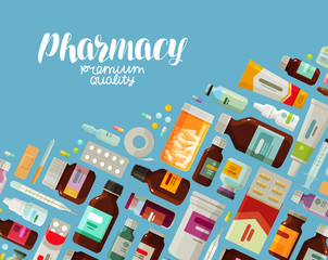 Pharmacy, pharmacology banner. Medicine, bottles and pills concept. Vector illustration