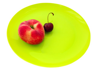 Peach and cherry, yellow plate with fruit