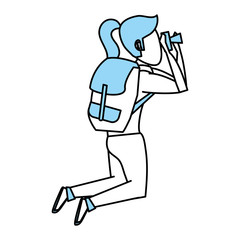 Flat line monocromatic female backpacker over white background vector illustration