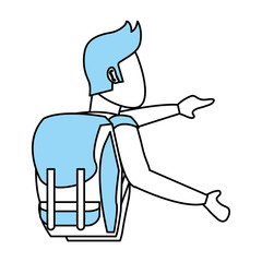 Flat line monocromatic male backpacker over white background vector illustration