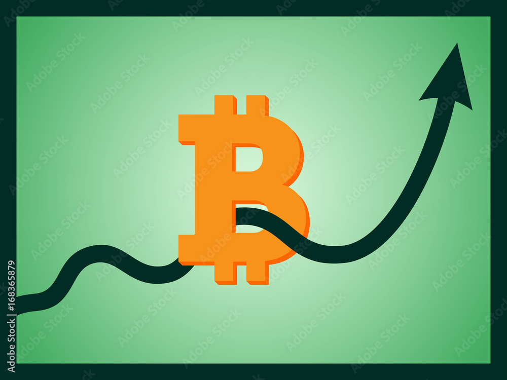 Poster uptrend line arrow through bitcoin sign on green color background vector flat icon design
