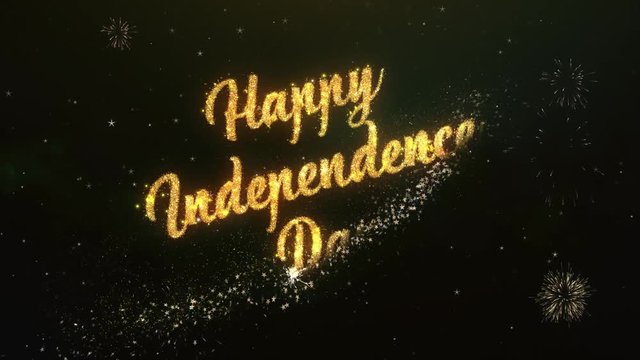 Happy Independence Day Greeting Text Made from Sparklers Light Dark Night Sky With Colorfull Firework

