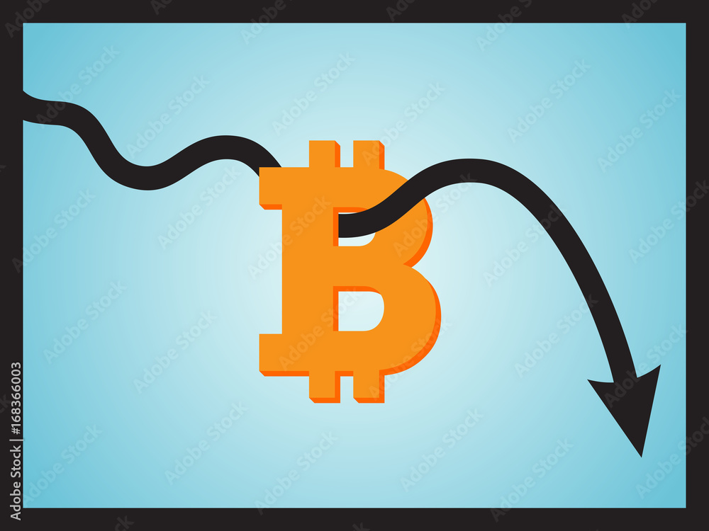 Poster downtrend line arrow through bitcoin sign on blue color background vector flat icon design