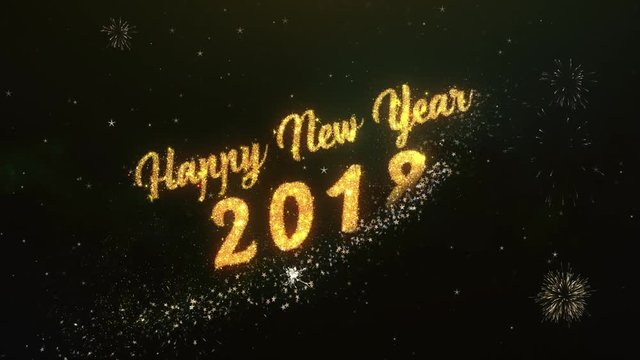Happy New Year 2018 Greeting Text Made from Sparklers Light Dark Night Sky With Colorfull Firework.
